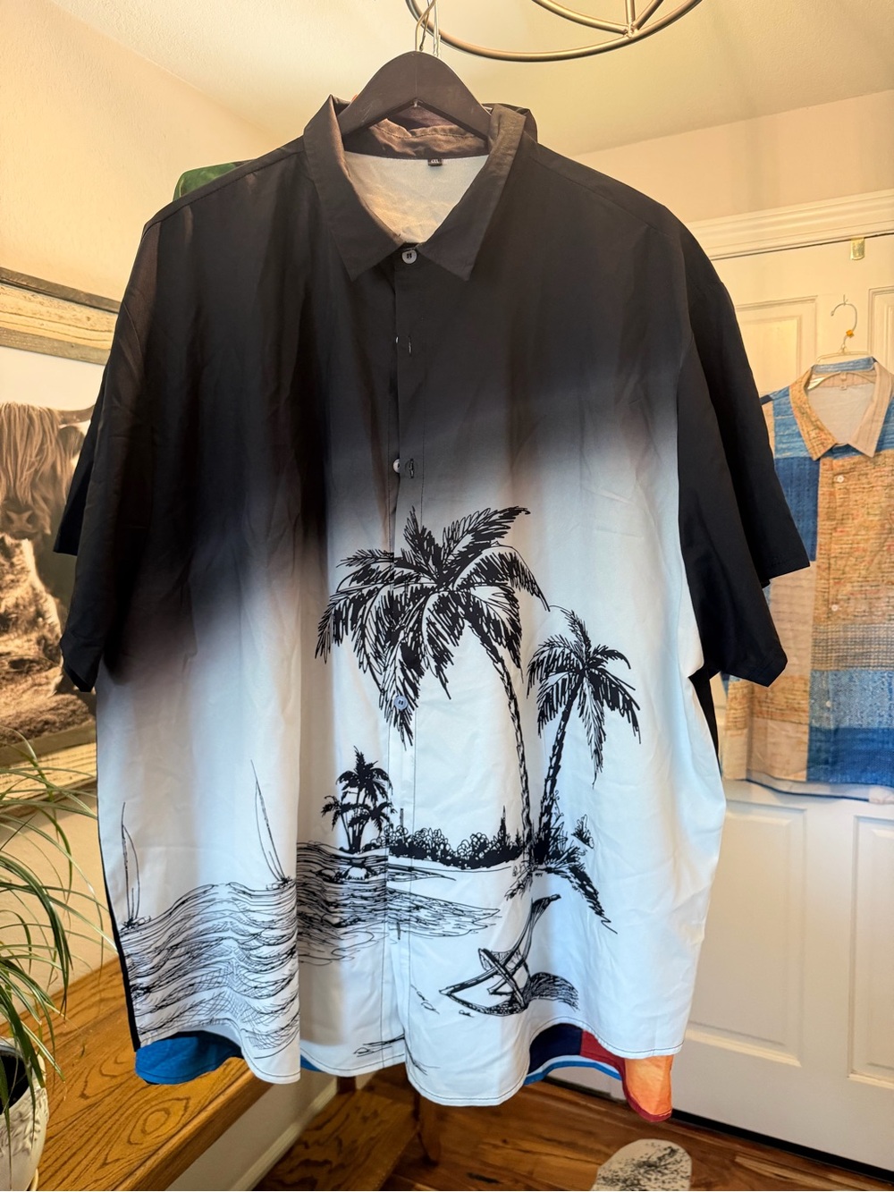 Men's Black and White Palm-Print Button-Up Shirt
